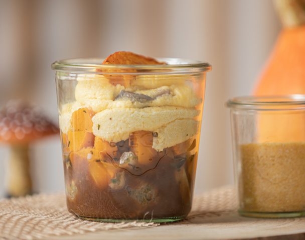 Bocal de boulettes de viande, polenta aux pleurotes