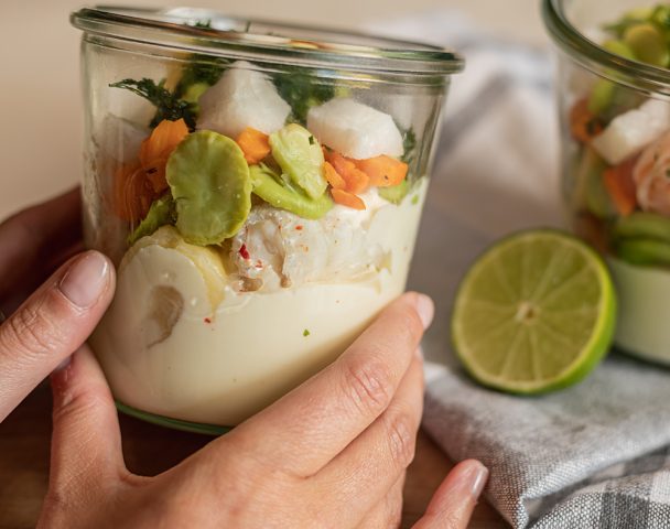 Bocal de cabillaud et scampis beurre blanc citronné