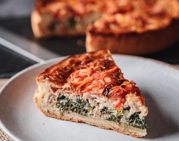 Quiche thon, épinard, tomate, moutarde