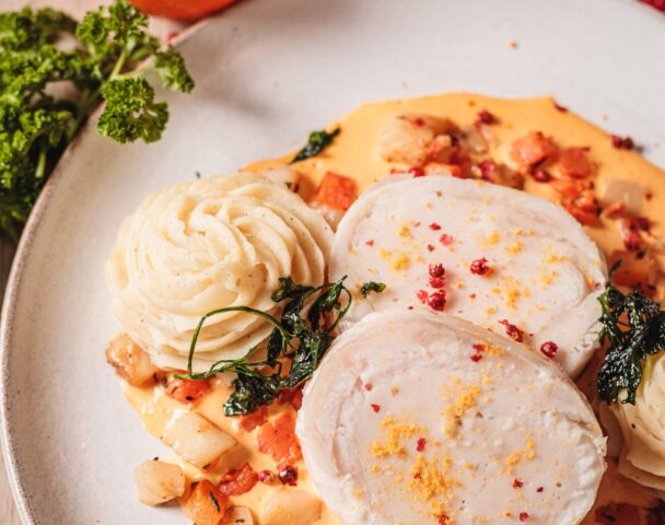 Roulé de sole aux agrumes, crème de vin jaune et jus de carottes