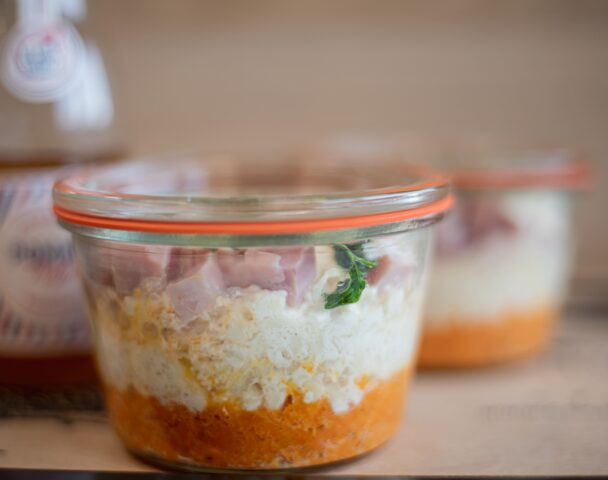 Bocal coquillettes jambon fromage, purée de carotte